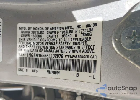 2006 Honda Civic Lx from USA, damaged, VIN 1HGFA16566L102976